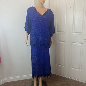 Interlude Top & Skirt V Neck 3/4 Sleeve Blue Beaded Sequined 💯% Silk India 22 W